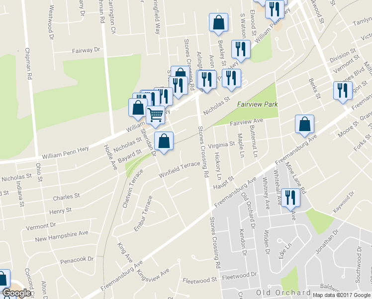 map of restaurants, bars, coffee shops, grocery stores, and more near 11 Winfield Court in Easton