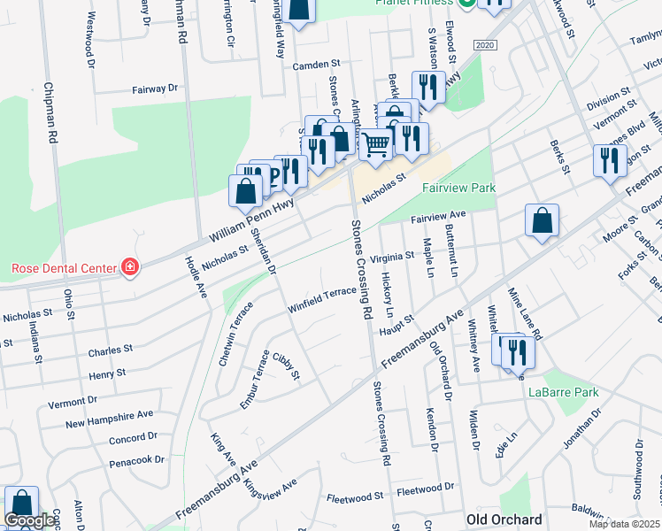 map of restaurants, bars, coffee shops, grocery stores, and more near 11 Winfield Court in Easton