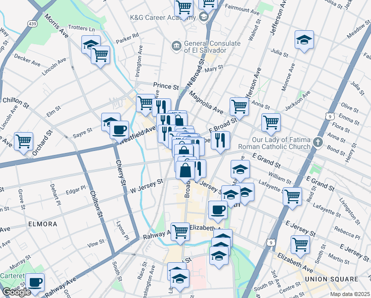 map of restaurants, bars, coffee shops, grocery stores, and more near 142 Broad Street in Elizabeth
