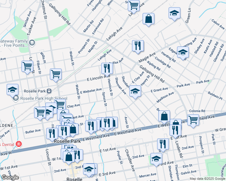 map of restaurants, bars, coffee shops, grocery stores, and more near 401 Hemlock Street in Roselle Park