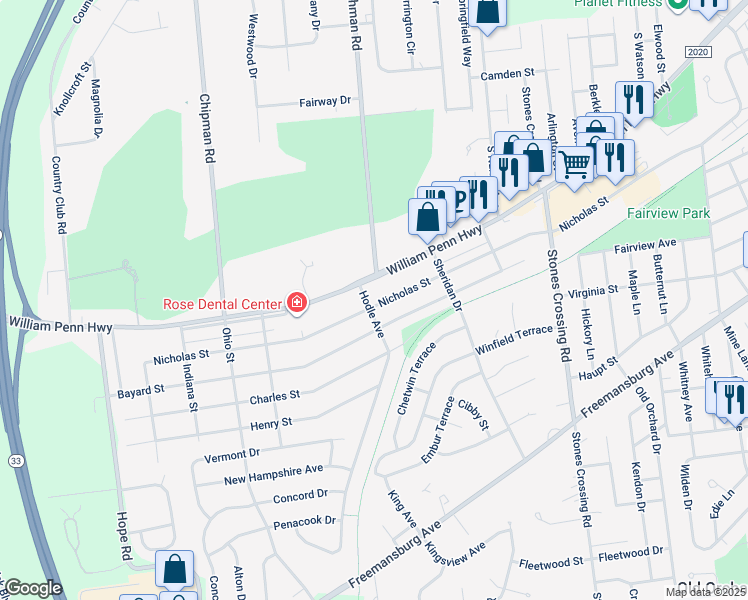 map of restaurants, bars, coffee shops, grocery stores, and more near 4399 Nicholas Street in Easton