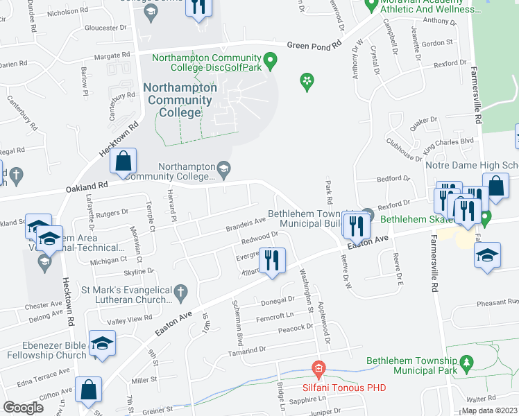 map of restaurants, bars, coffee shops, grocery stores, and more near 3956 Notre Dame Court in Bethlehem