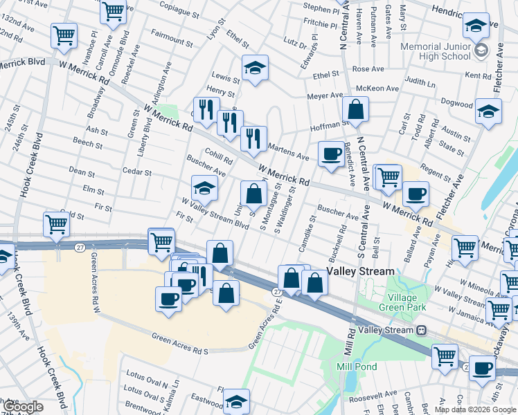 map of restaurants, bars, coffee shops, grocery stores, and more near 51 South Terrace Place in Valley Stream
