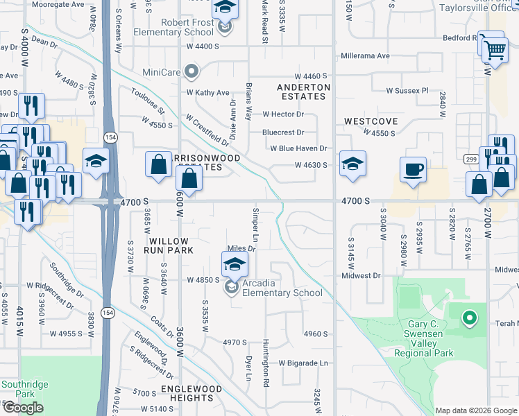 map of restaurants, bars, coffee shops, grocery stores, and more near 3368 West 4700 South in West Valley City