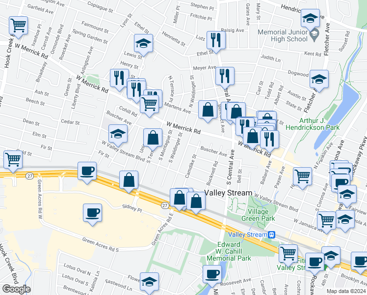 map of restaurants, bars, coffee shops, grocery stores, and more near 44 South Montgomery Street in Valley Stream