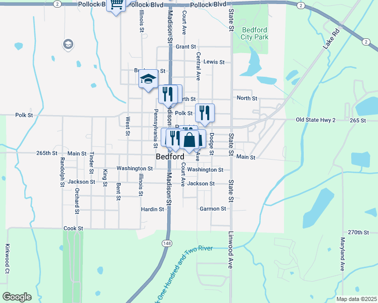map of restaurants, bars, coffee shops, grocery stores, and more near 650 Dodge Street in Bedford