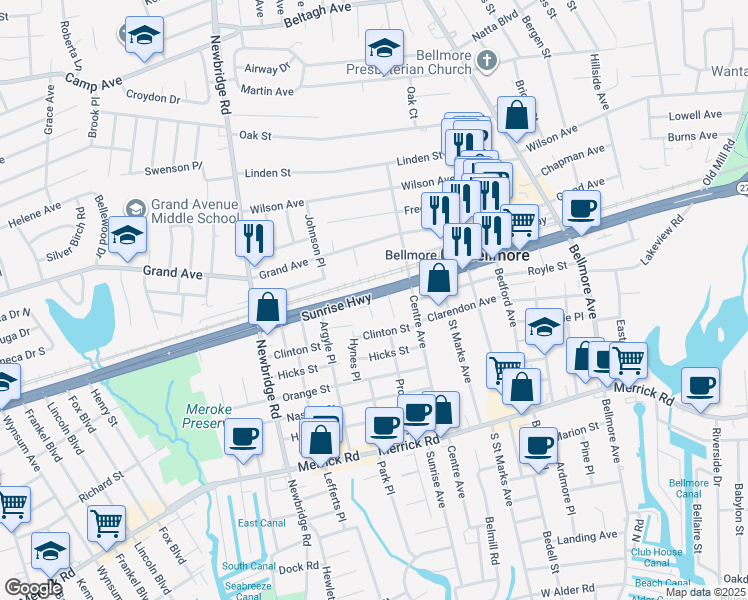 map of restaurants, bars, coffee shops, grocery stores, and more near 701 Sunrise Hwy in Bellmore