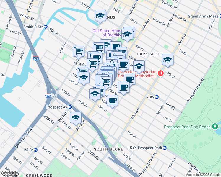 map of restaurants, bars, coffee shops, grocery stores, and more near 297 12th Street in Brooklyn
