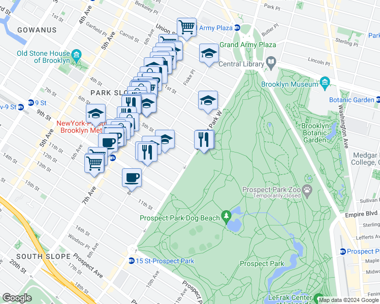map of restaurants, bars, coffee shops, grocery stores, and more near 564 4th Street in Brooklyn