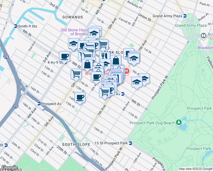 map of restaurants, bars, coffee shops, grocery stores, and more near 412 9th Street in Brooklyn