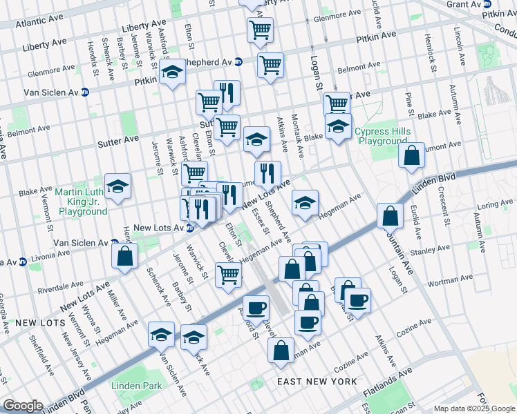 map of restaurants, bars, coffee shops, grocery stores, and more near 660 Shepherd Avenue in Brooklyn