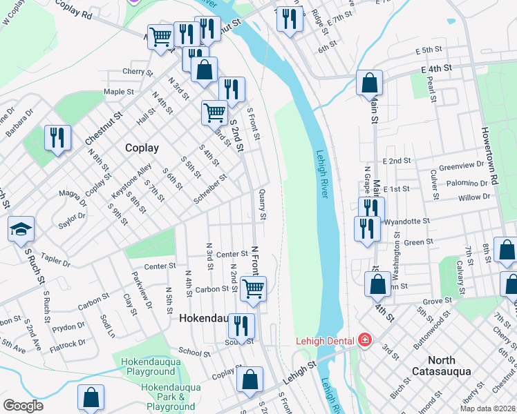 map of restaurants, bars, coffee shops, grocery stores, and more near 3448 Quarry Street in Hokendauqua