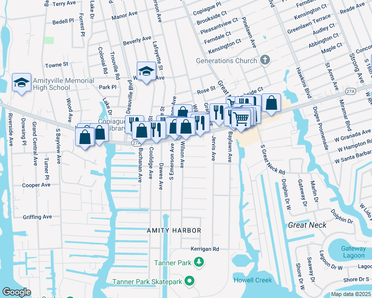 map of restaurants, bars, coffee shops, grocery stores, and more near 8 Wilson Avenue in Amityville