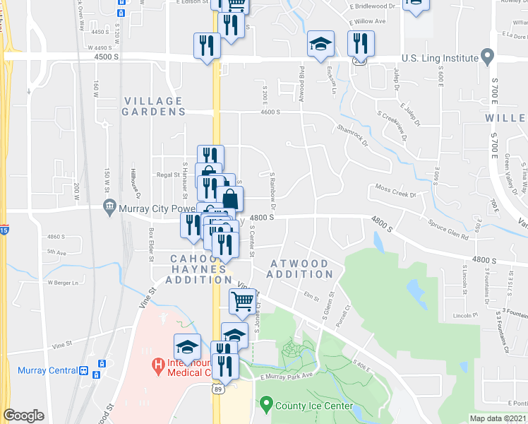 map of restaurants, bars, coffee shops, grocery stores, and more near 4766 South Rainbow Drive in Murray