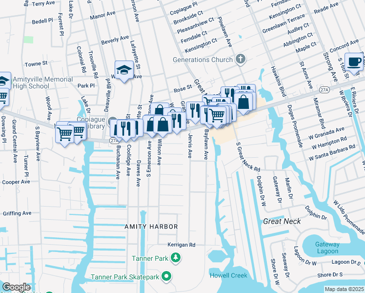 map of restaurants, bars, coffee shops, grocery stores, and more near 700 Montauk Highway in Amityville