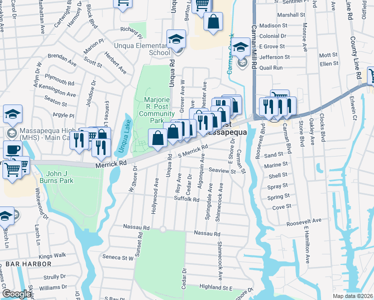 map of restaurants, bars, coffee shops, grocery stores, and more near 5355 Merrick Road in Massapequa