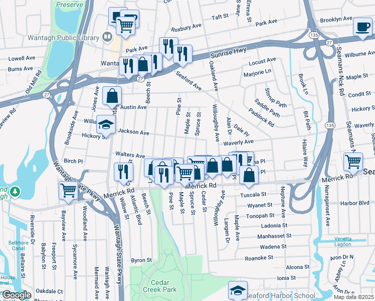 map of restaurants, bars, coffee shops, grocery stores, and more near 3400 Jackson Avenue in Wantagh
