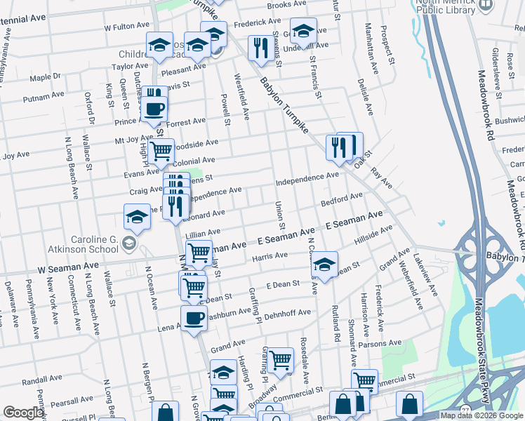 map of restaurants, bars, coffee shops, grocery stores, and more near 12 Rogers Place in Freeport