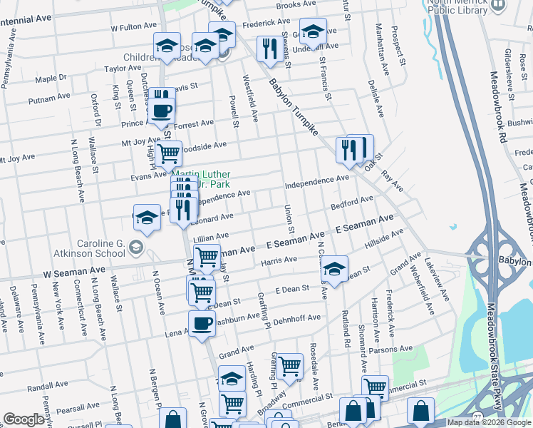 map of restaurants, bars, coffee shops, grocery stores, and more near 12 Rogers Place in Freeport