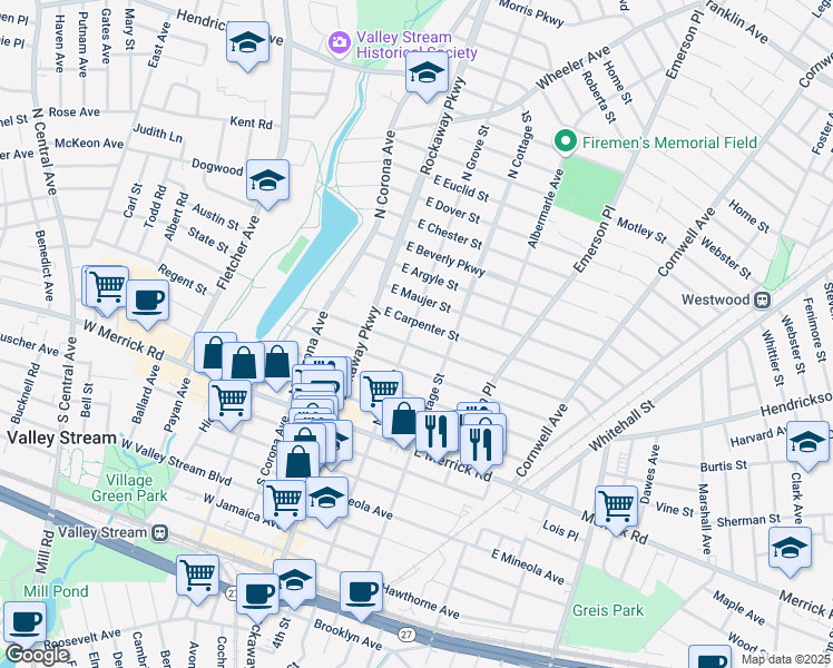 map of restaurants, bars, coffee shops, grocery stores, and more near 98 North Grove Street in Valley Stream