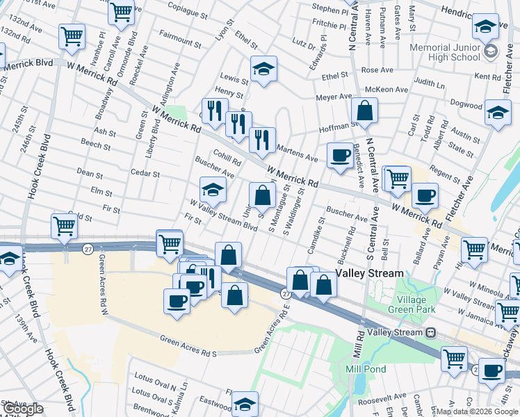 map of restaurants, bars, coffee shops, grocery stores, and more near 27 South Terrace Place in Valley Stream