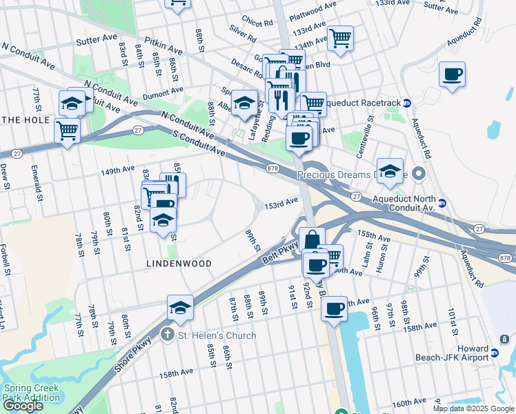 map of restaurants, bars, coffee shops, grocery stores, and more near 45 151st Avenue in Queens