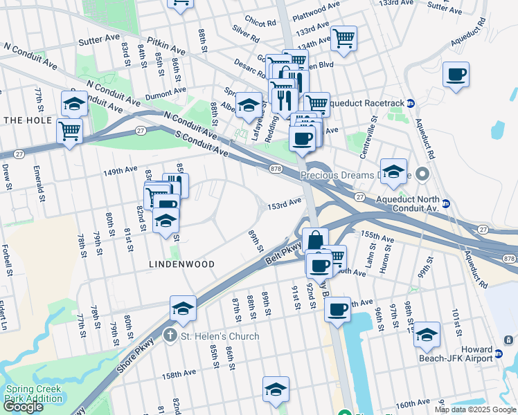 map of restaurants, bars, coffee shops, grocery stores, and more near 45 151st Avenue in Queens