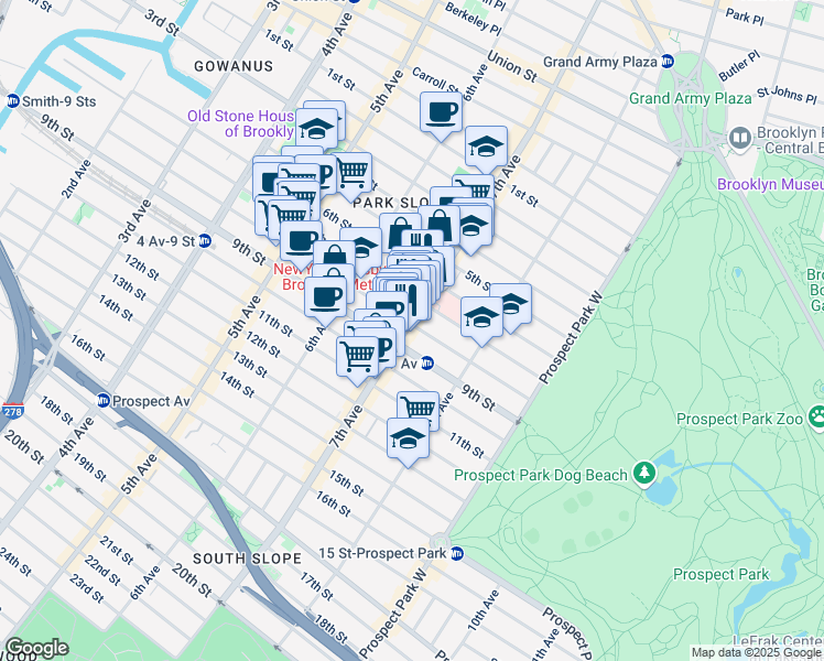 map of restaurants, bars, coffee shops, grocery stores, and more near 409 8th Street in Brooklyn