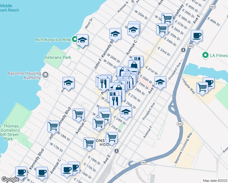 map of restaurants, bars, coffee shops, grocery stores, and more near 25 West 27th Street in Bayonne
