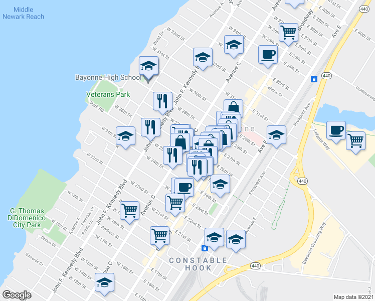 map of restaurants, bars, coffee shops, grocery stores, and more near in Bayonne
