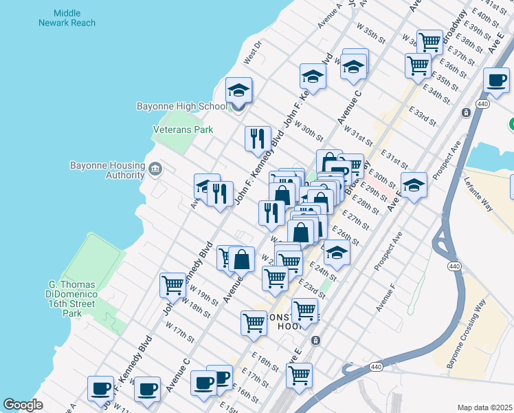 map of restaurants, bars, coffee shops, grocery stores, and more near 654 John F. Kennedy Boulevard in Bayonne