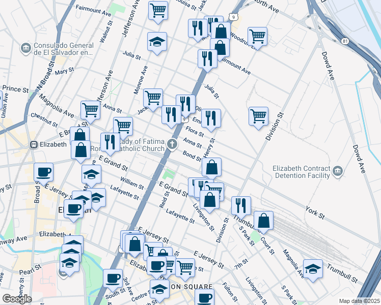 map of restaurants, bars, coffee shops, grocery stores, and more near 937 Anna Street in Elizabeth