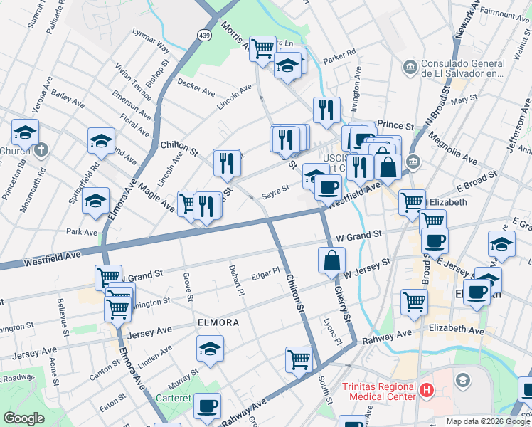 map of restaurants, bars, coffee shops, grocery stores, and more near 158 Sayre Street in Elizabeth