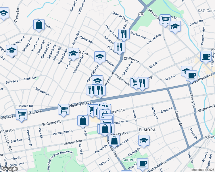 map of restaurants, bars, coffee shops, grocery stores, and more near 358 Elmora Avenue in Elizabeth