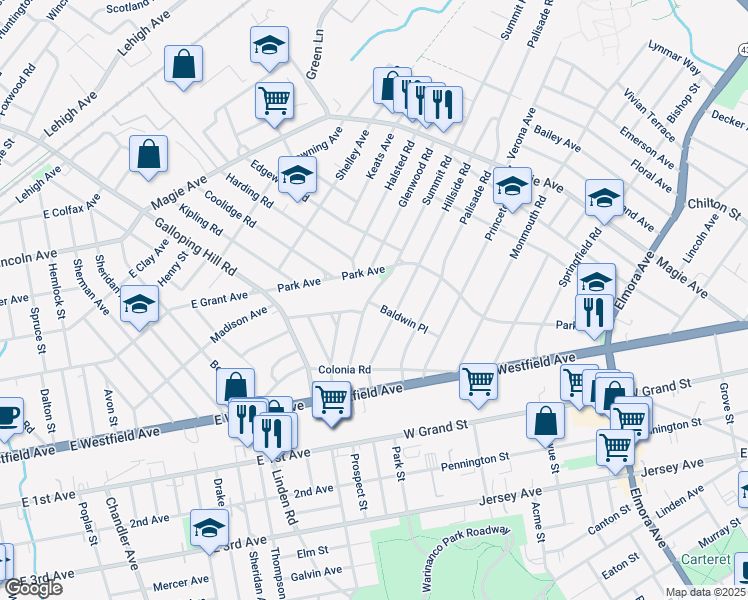 map of restaurants, bars, coffee shops, grocery stores, and more near 88 Summit Road in Elizabeth