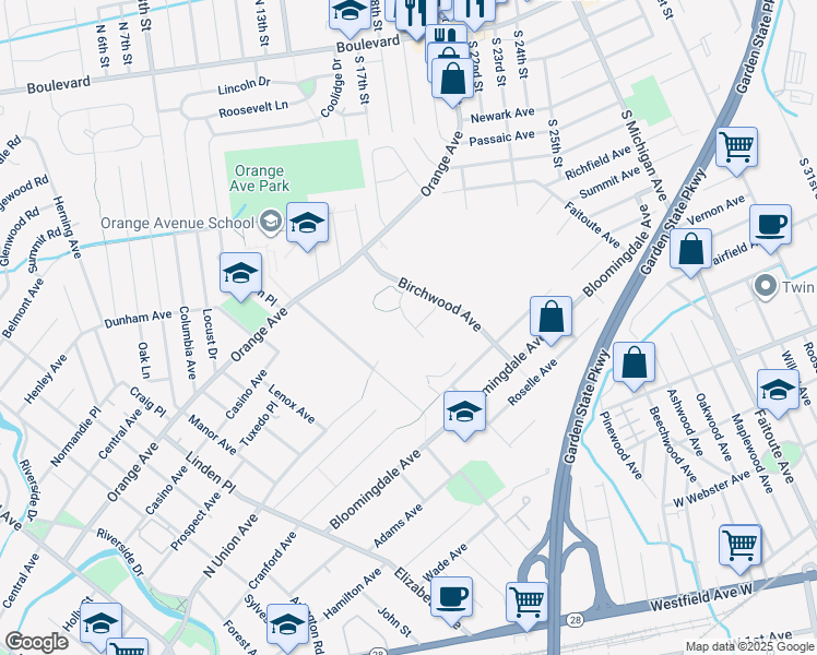 map of restaurants, bars, coffee shops, grocery stores, and more near 235 Birchwood Avenue in Cranford