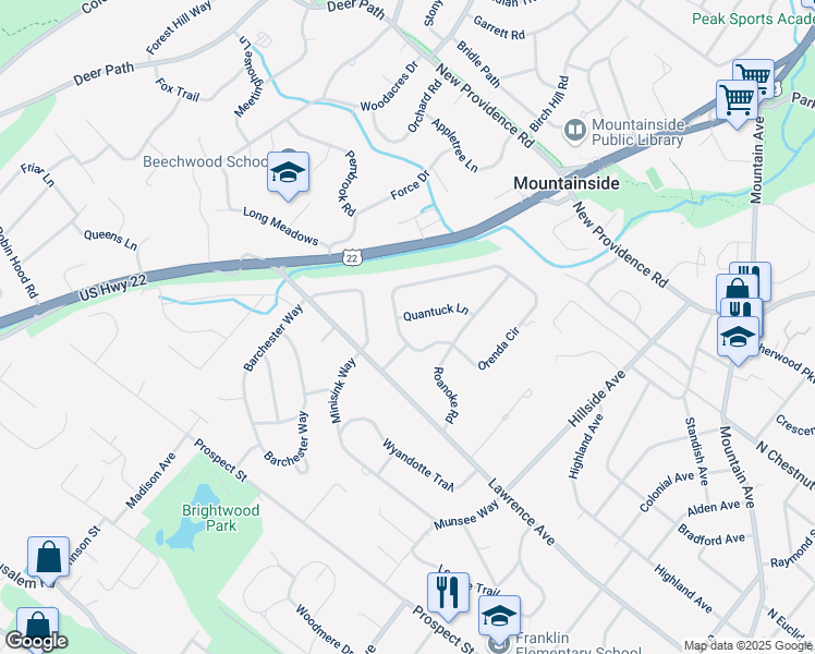 map of restaurants, bars, coffee shops, grocery stores, and more near 401 Quantuck Lane in Westfield