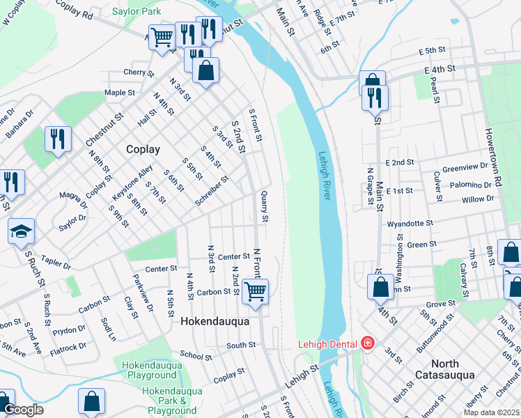 map of restaurants, bars, coffee shops, grocery stores, and more near 3448 Quarry Street in Hokendauqua
