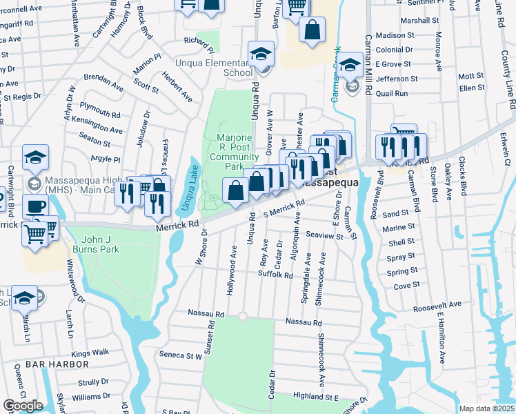 map of restaurants, bars, coffee shops, grocery stores, and more near 5346 Merrick Road in Massapequa