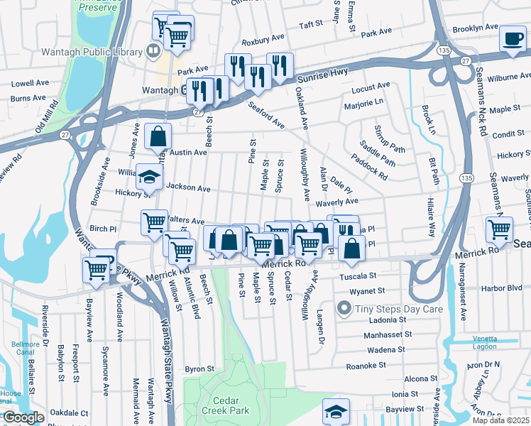 map of restaurants, bars, coffee shops, grocery stores, and more near 3400 Jackson Avenue in Wantagh