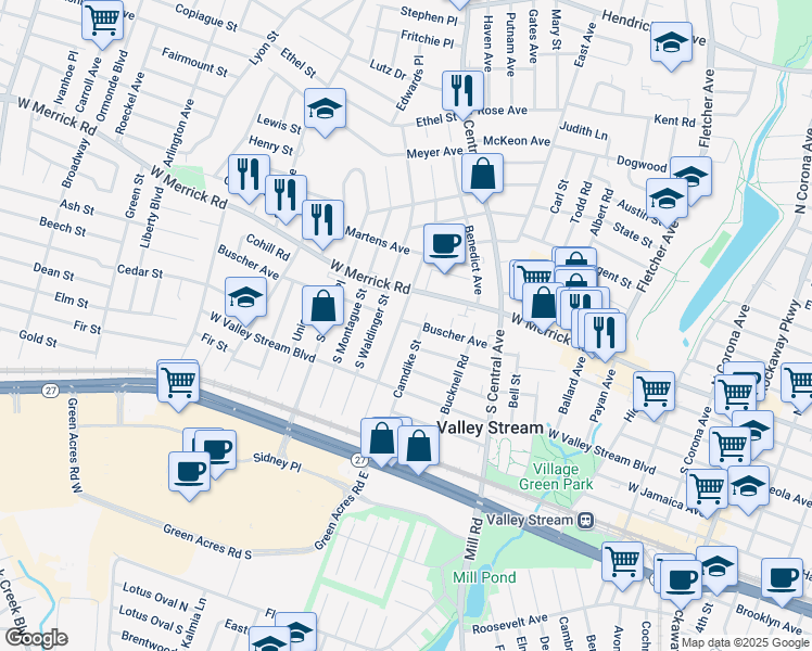 map of restaurants, bars, coffee shops, grocery stores, and more near 366 West Merrick Road in Valley Stream