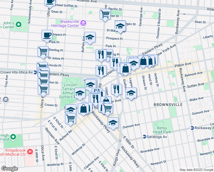map of restaurants, bars, coffee shops, grocery stores, and more near 1410 Pitkin Avenue in Brooklyn