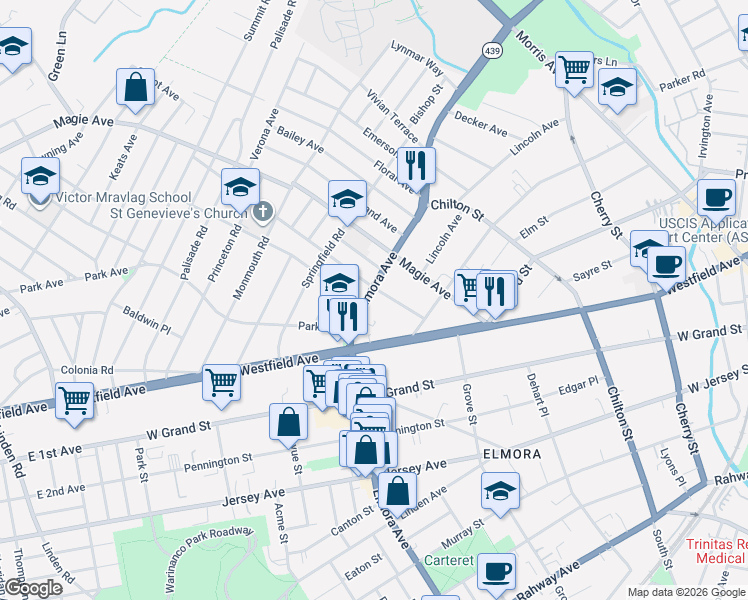 map of restaurants, bars, coffee shops, grocery stores, and more near 358 Elmora Avenue in Elizabeth
