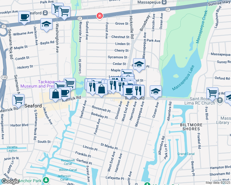 map of restaurants, bars, coffee shops, grocery stores, and more near 62 Elm Street in Massapequa