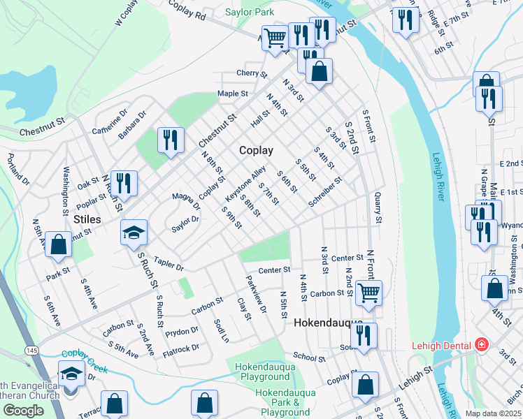 map of restaurants, bars, coffee shops, grocery stores, and more near 104 South 7th Street in Coplay