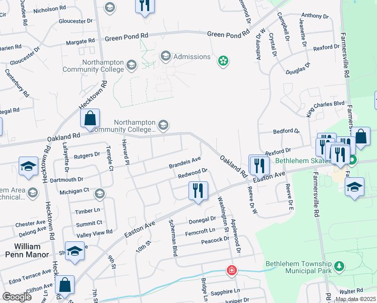 map of restaurants, bars, coffee shops, grocery stores, and more near 3956 Notre Dame Court in Bethlehem