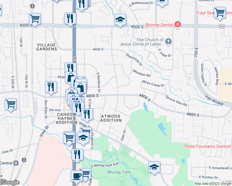 map of restaurants, bars, coffee shops, grocery stores, and more near 4778 South Meadowview Road in Murray