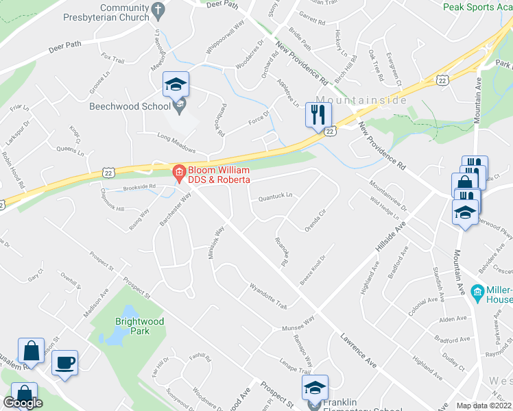 map of restaurants, bars, coffee shops, grocery stores, and more near 401 Quantuck Lane in Westfield