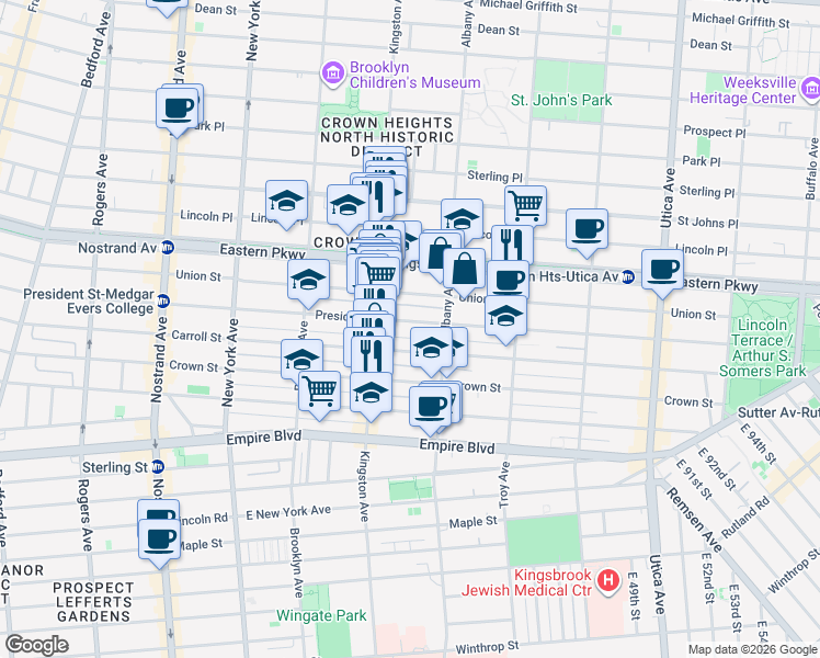 map of restaurants, bars, coffee shops, grocery stores, and more near 1446 President Street in Brooklyn