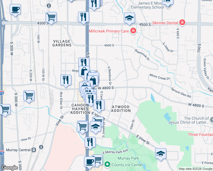 map of restaurants, bars, coffee shops, grocery stores, and more near 4766 South Rainbow Drive in Murray